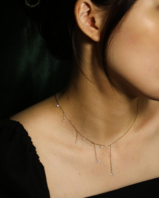 asymmetrical waterfall necklace on model