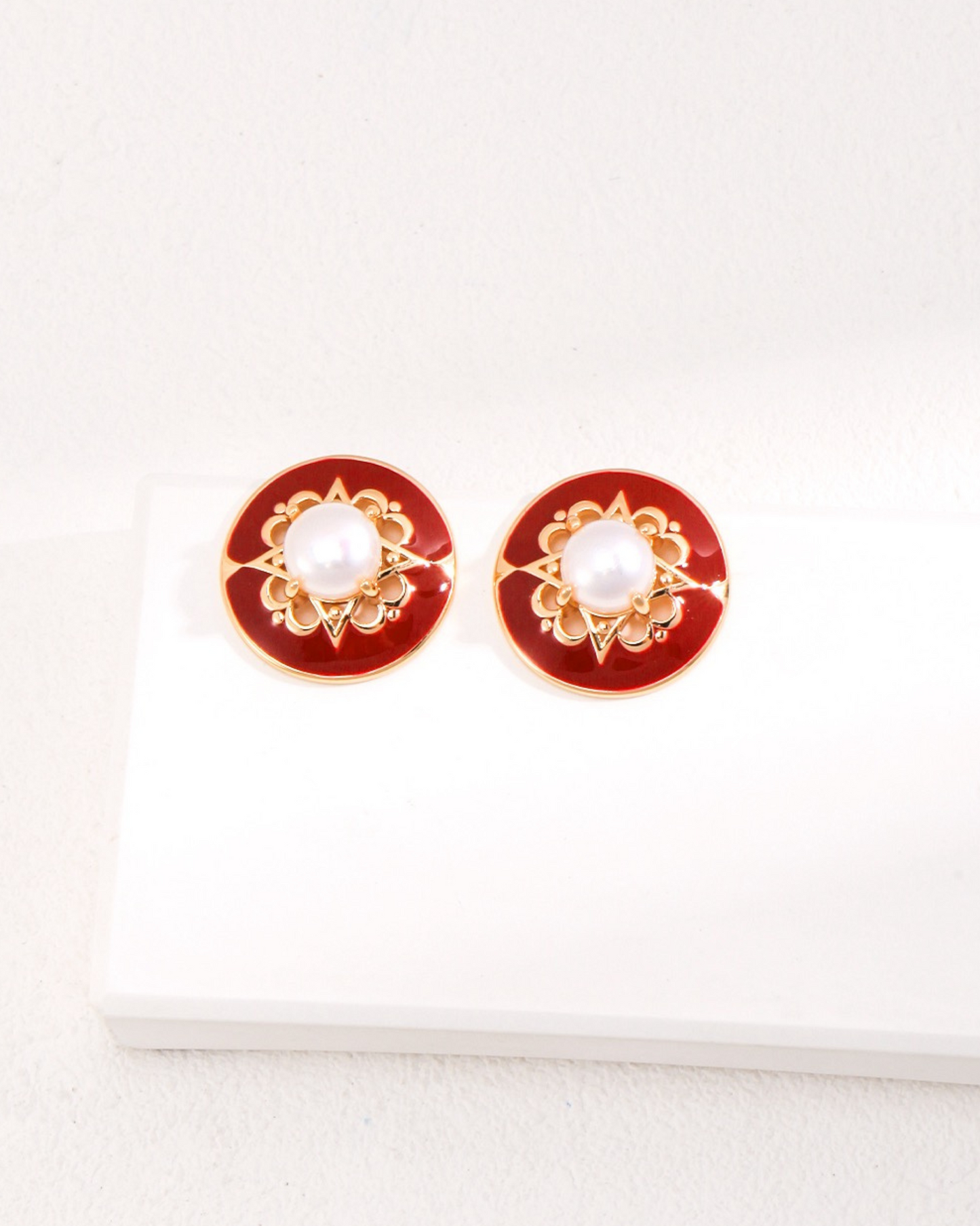 Red Enamel and Pearl Stud Earrings