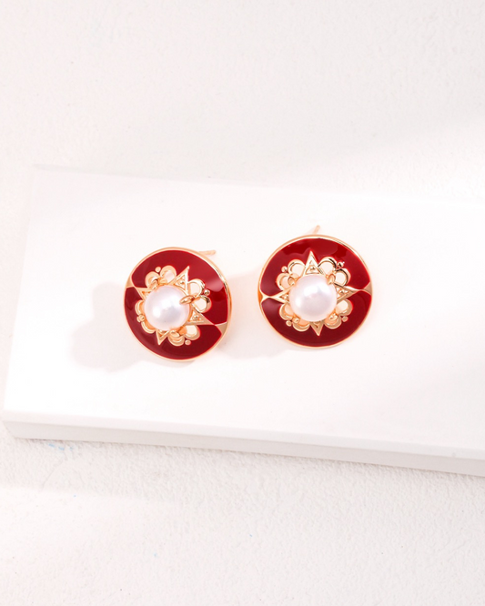 Red Enamel and Pearl Stud Earrings