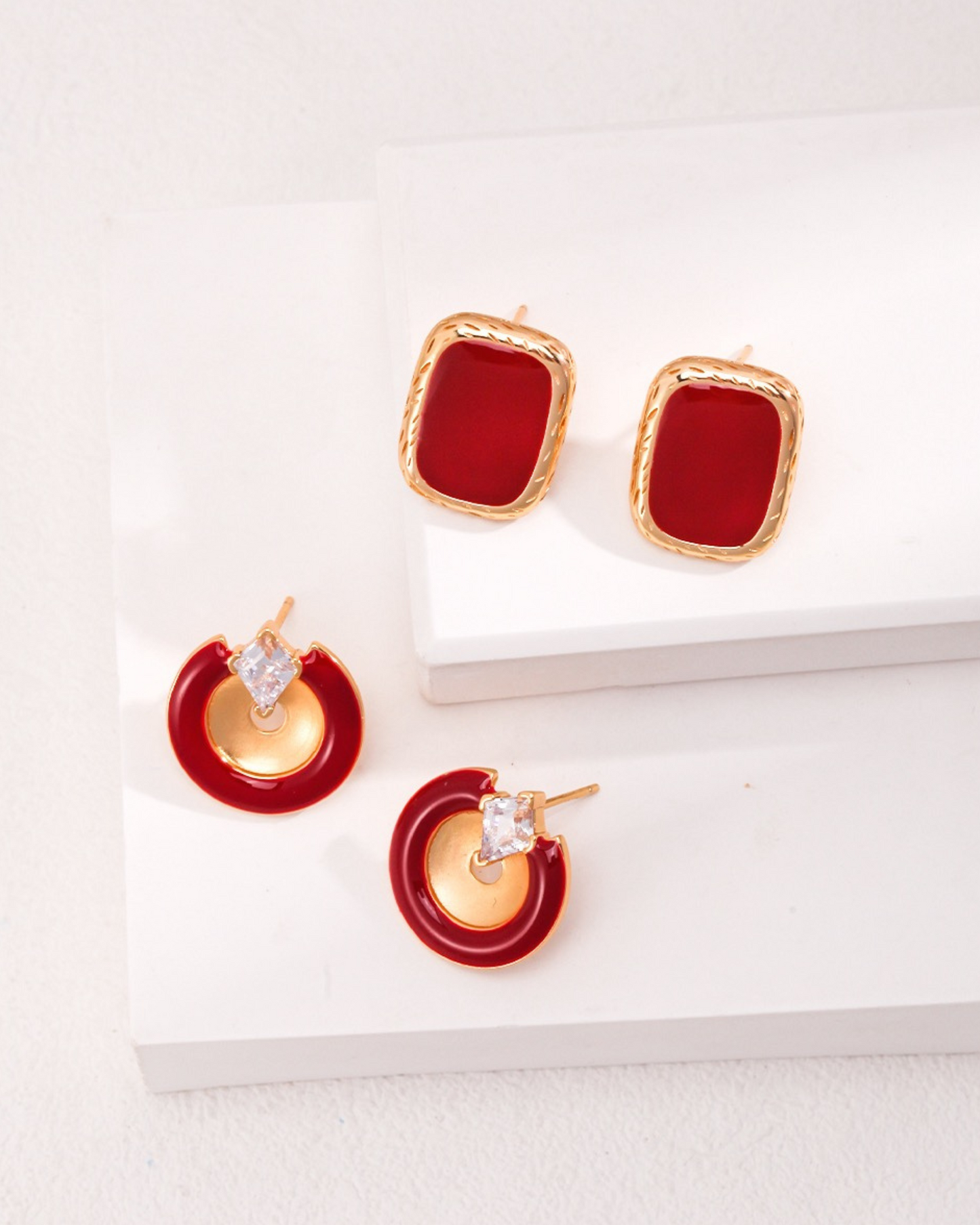 Gold and Red Enamel Rectangle Stud Earrings