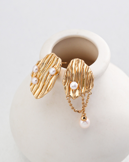 Golden Ripple Pearl Earrings