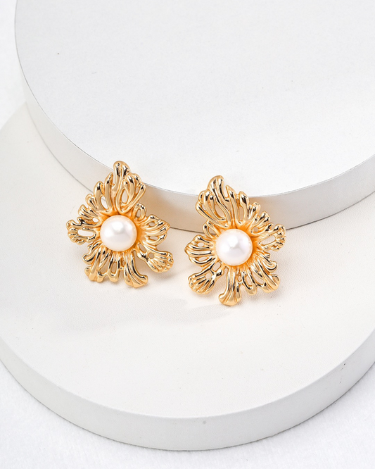 Golden Petal Pearl Stud Earrings