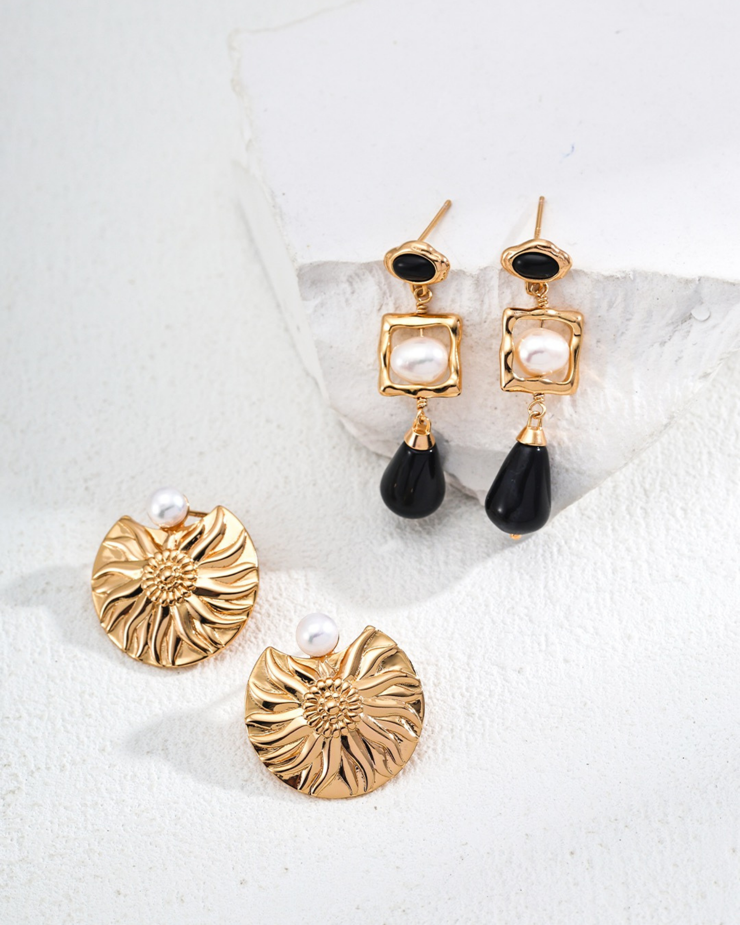 Golden Sunburst Pearl Earrings