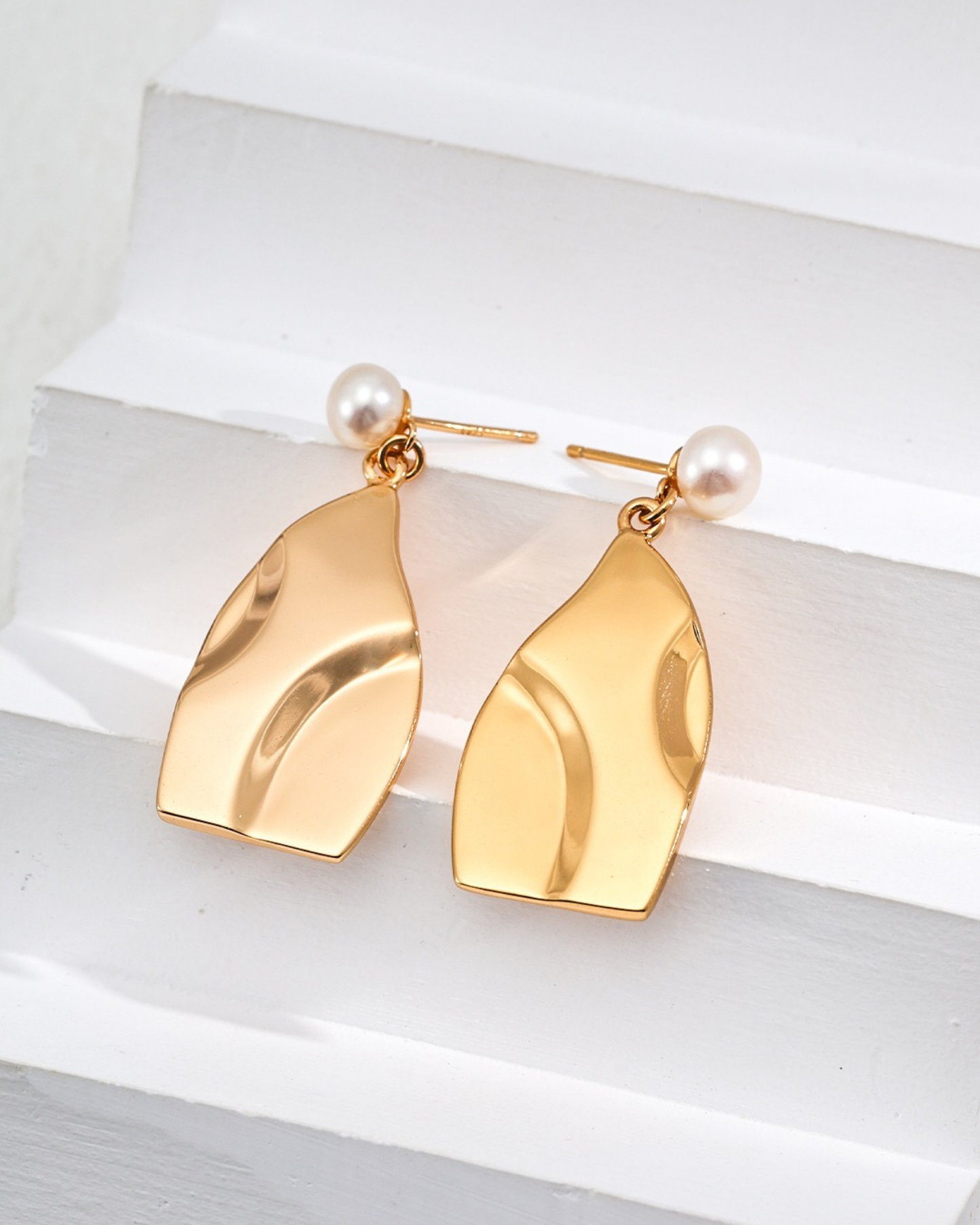 Golden Wave Pearl Drop Earrings