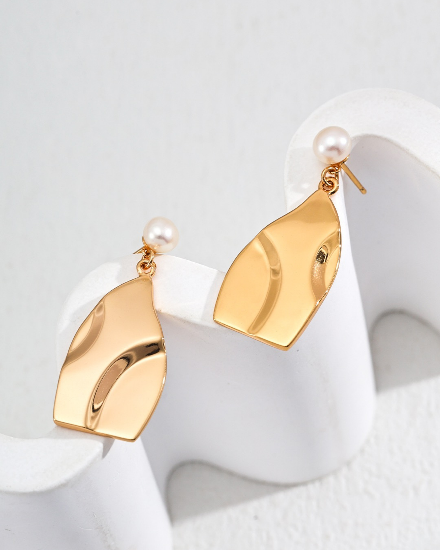 Golden Wave Pearl Drop Earrings