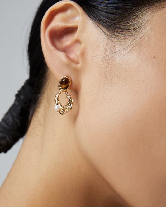 Tigerite and Pearl Drop Earrings