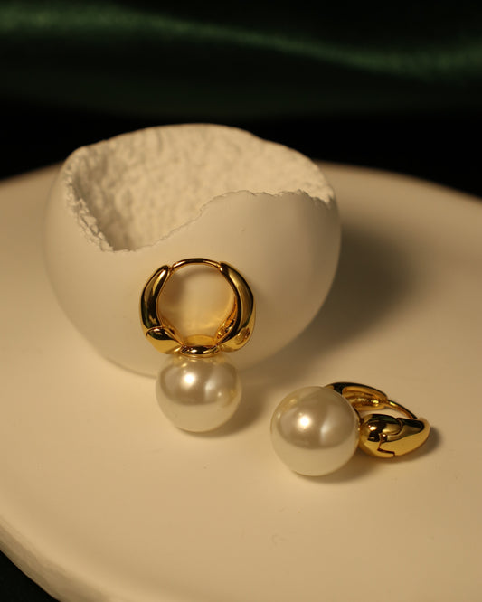 drop pearl gold huggie earrings